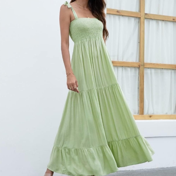 Mint Green Maxi Tiered Boho Dress Shoulder Ties Long Flowy Bohemian Tie Sundress - Picture 6 of 13